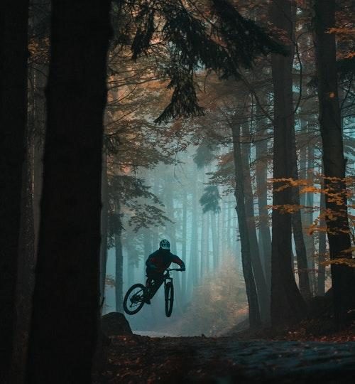 Man riding mountain bike in the forest