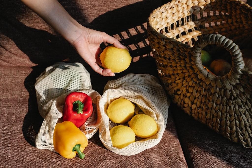 Reusable food shopping bags to reduce waste to help slow climate chage.